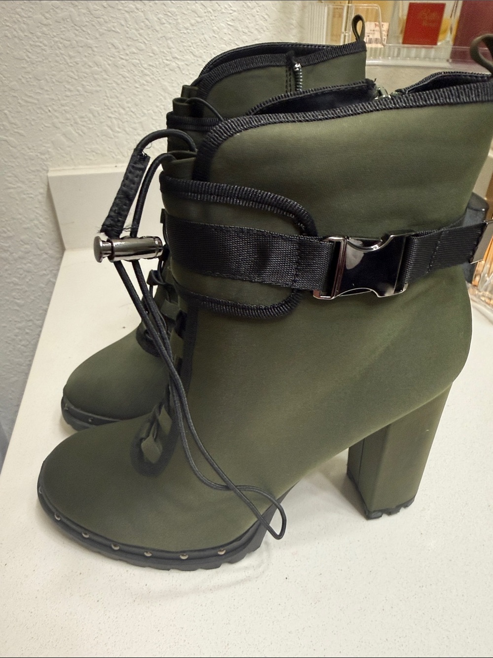 Olive Green High-Heel Lace-Up Ankle Boots